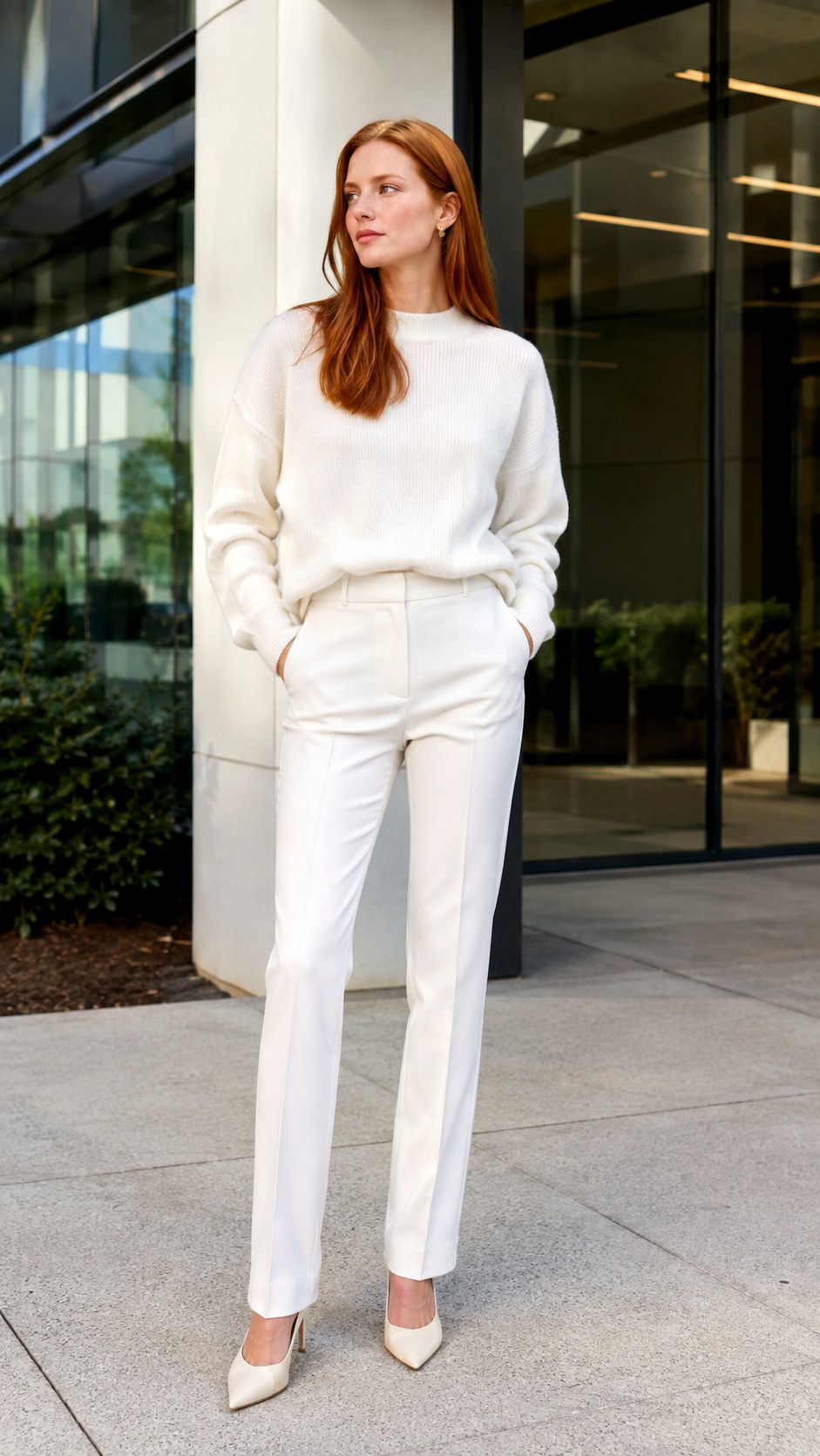 Monochromatic White Sweater Tailored Pants - 25 white sweater outfit ideas