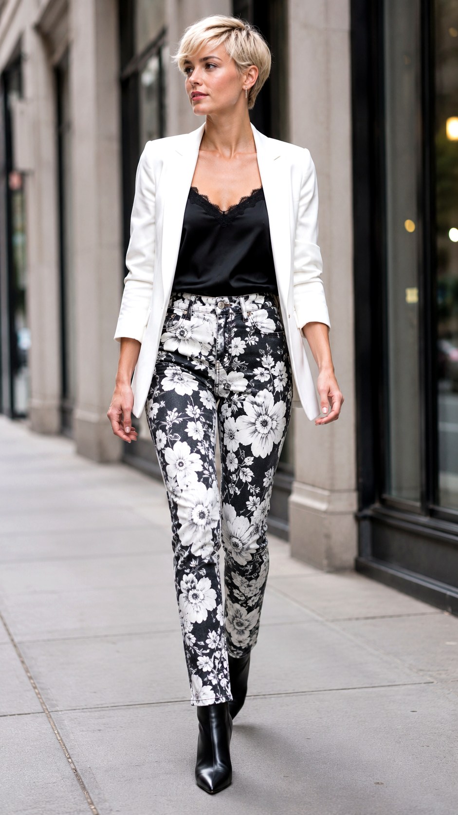Monochrome Black And White Floral Jeans - 22 floral jeans outfit ideas