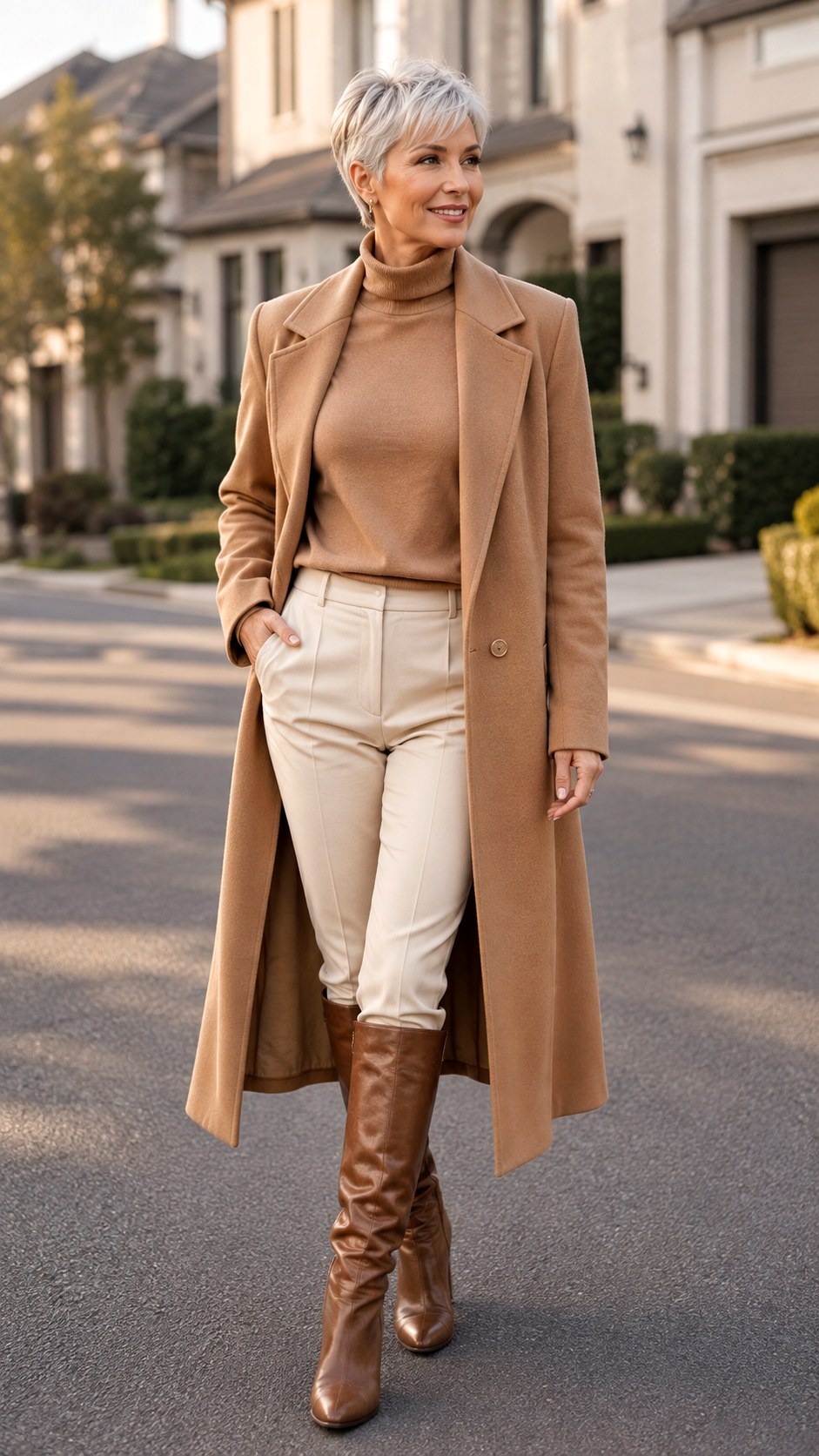Monochrome Camel Coat and Boots - 22 deer aesthetic outfit ideas