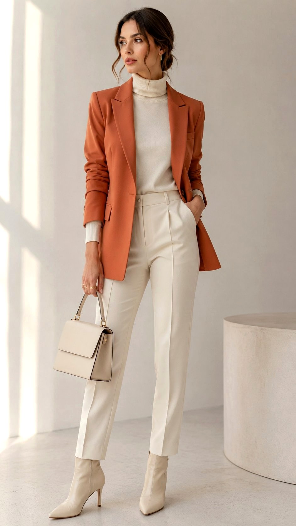 Monochrome Cream Look With Terracotta Blazer - 20 Terracotta & Cream Blazer Outfit Ideas