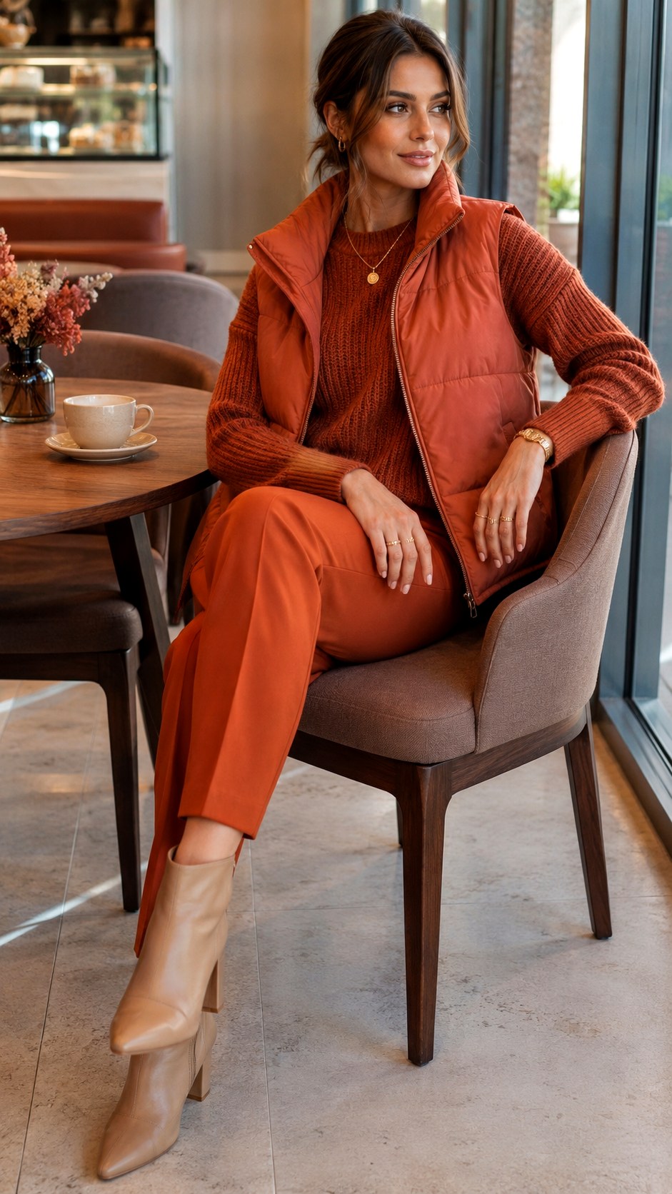 Monochrome Terracotta Tones And Vest - 21 Terracotta Vest Outfit Ideas