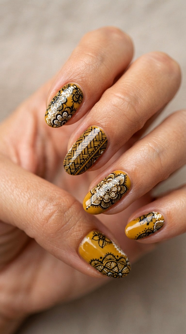 Mustard Yellow Boho Lace - 22 lace nail art ideas