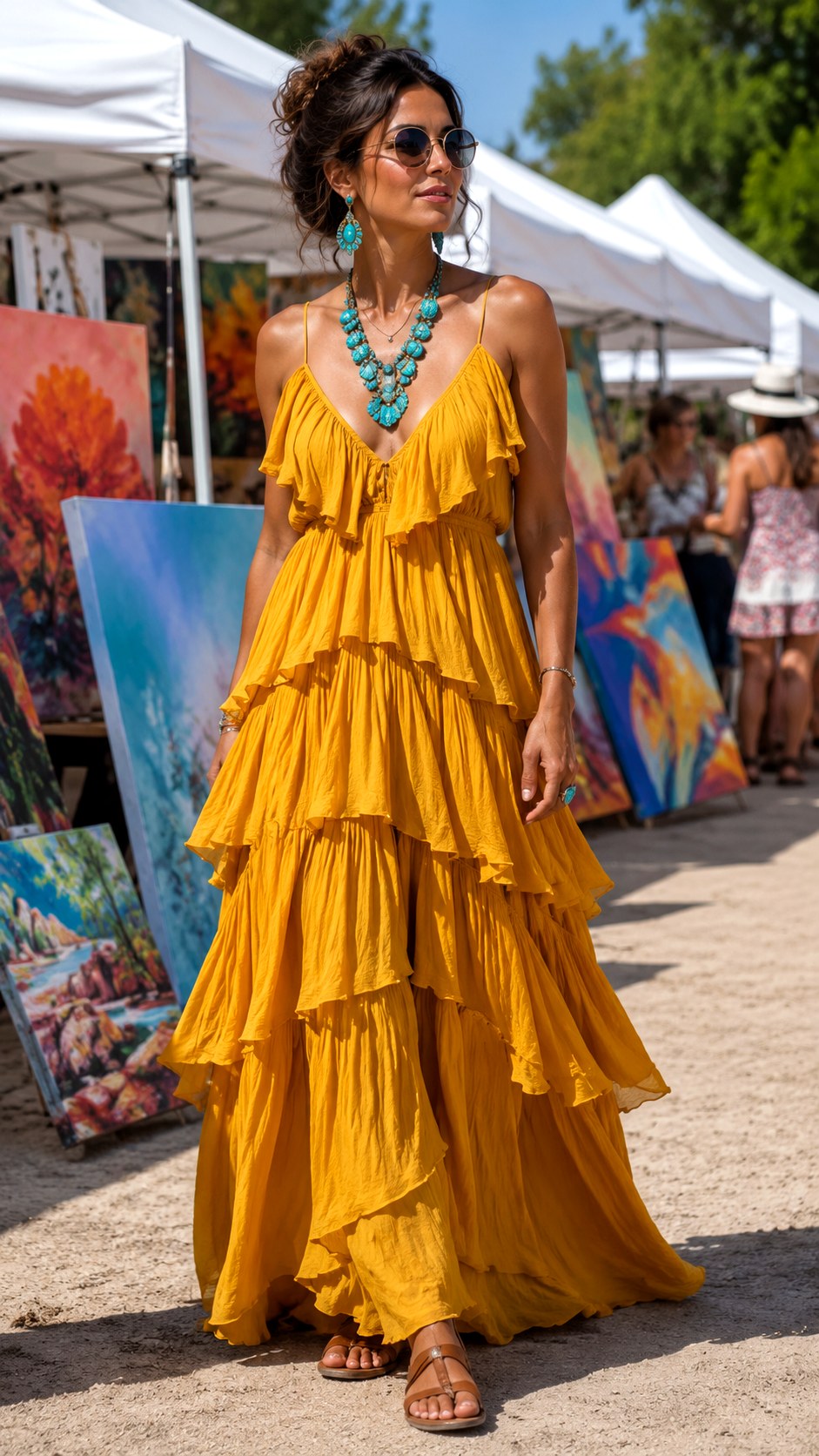 Mustard Yellow Tiered Dress With Turquoise Jewelry - 25 Summer Maxi Outfit Ideas