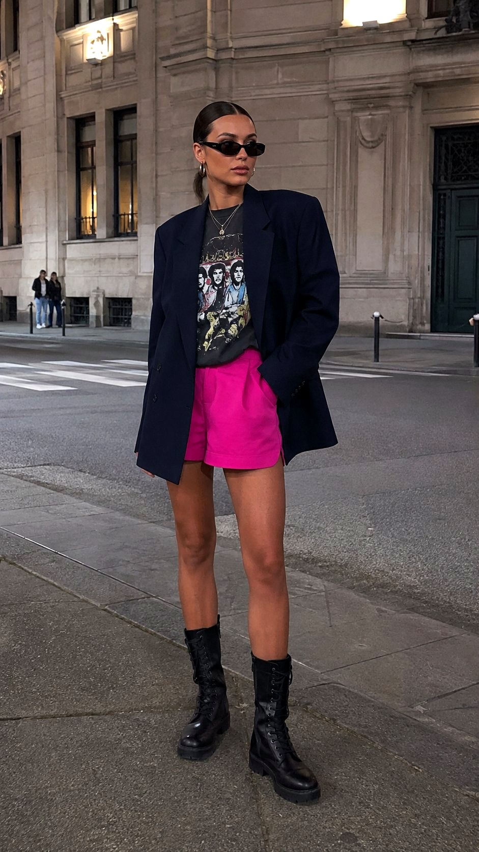 Navy Blazer and Band Tee - 23 Dragonfruit Pink Shorts Outfit Ideas