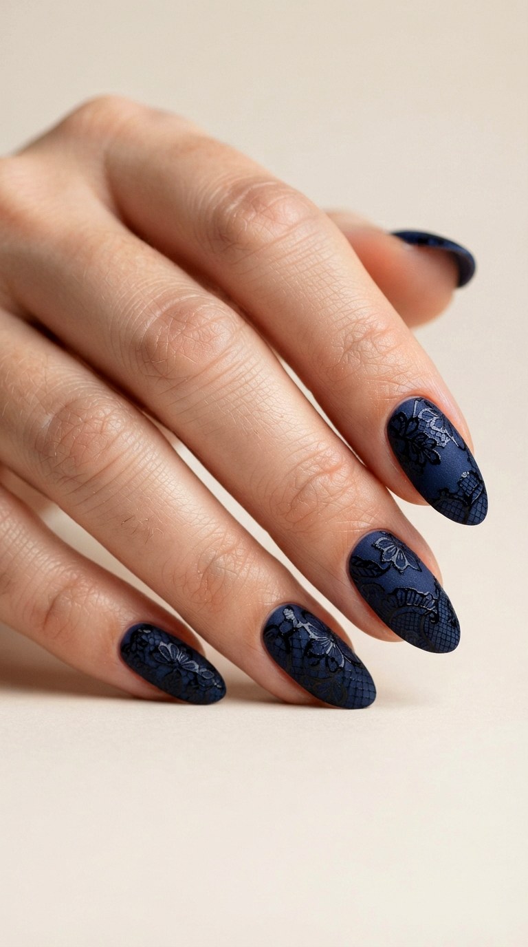 Navy Blue Matte Lace - 22 lace nail art ideas