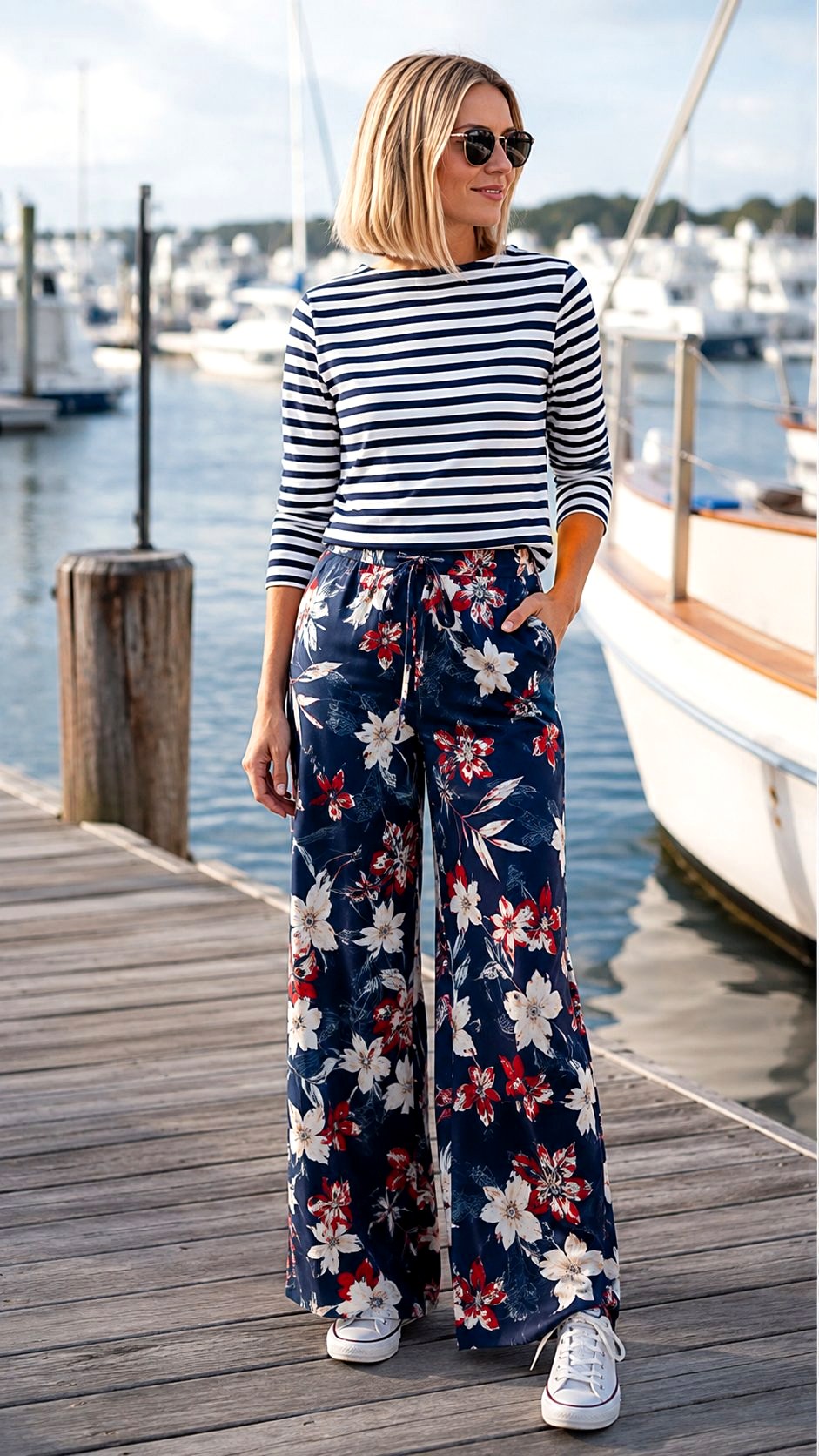 Navy Blue Nautical Floral Palazzo Trousers - 20 floral palazzo ideas