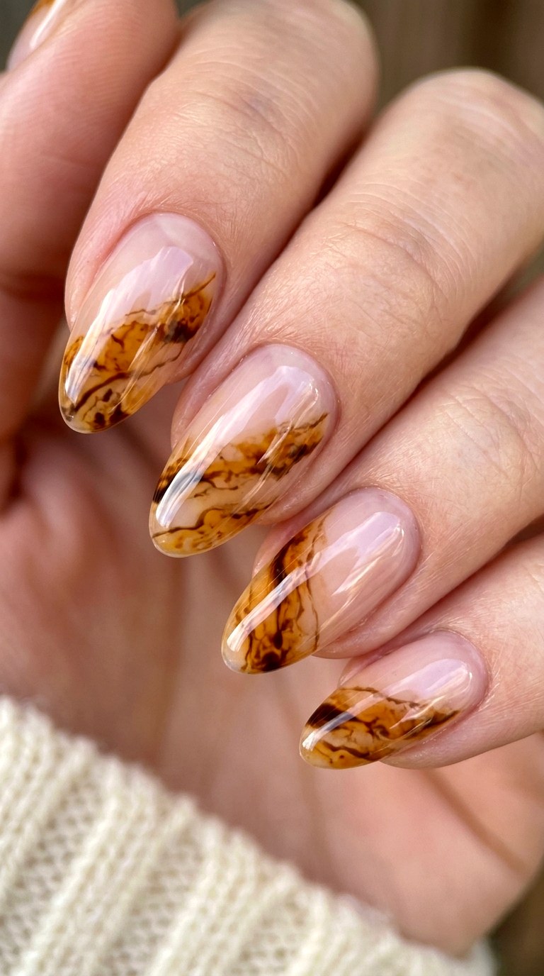 Negative Space Amber Veil Design - 22 Glossy Amber Marble Nails