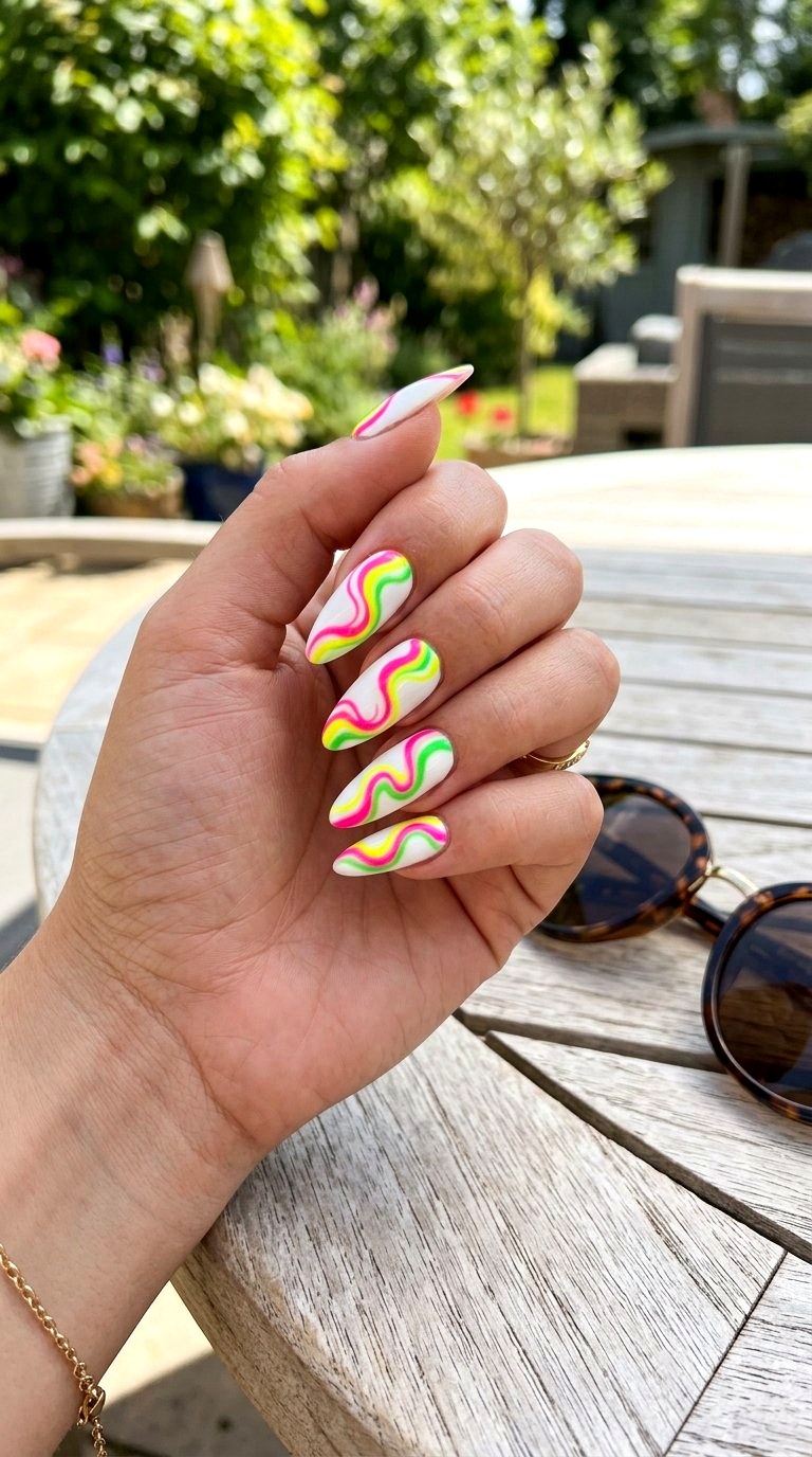 Neon Abstract Wave Designs - 20 Summer Acrylic Nail Art Ideas