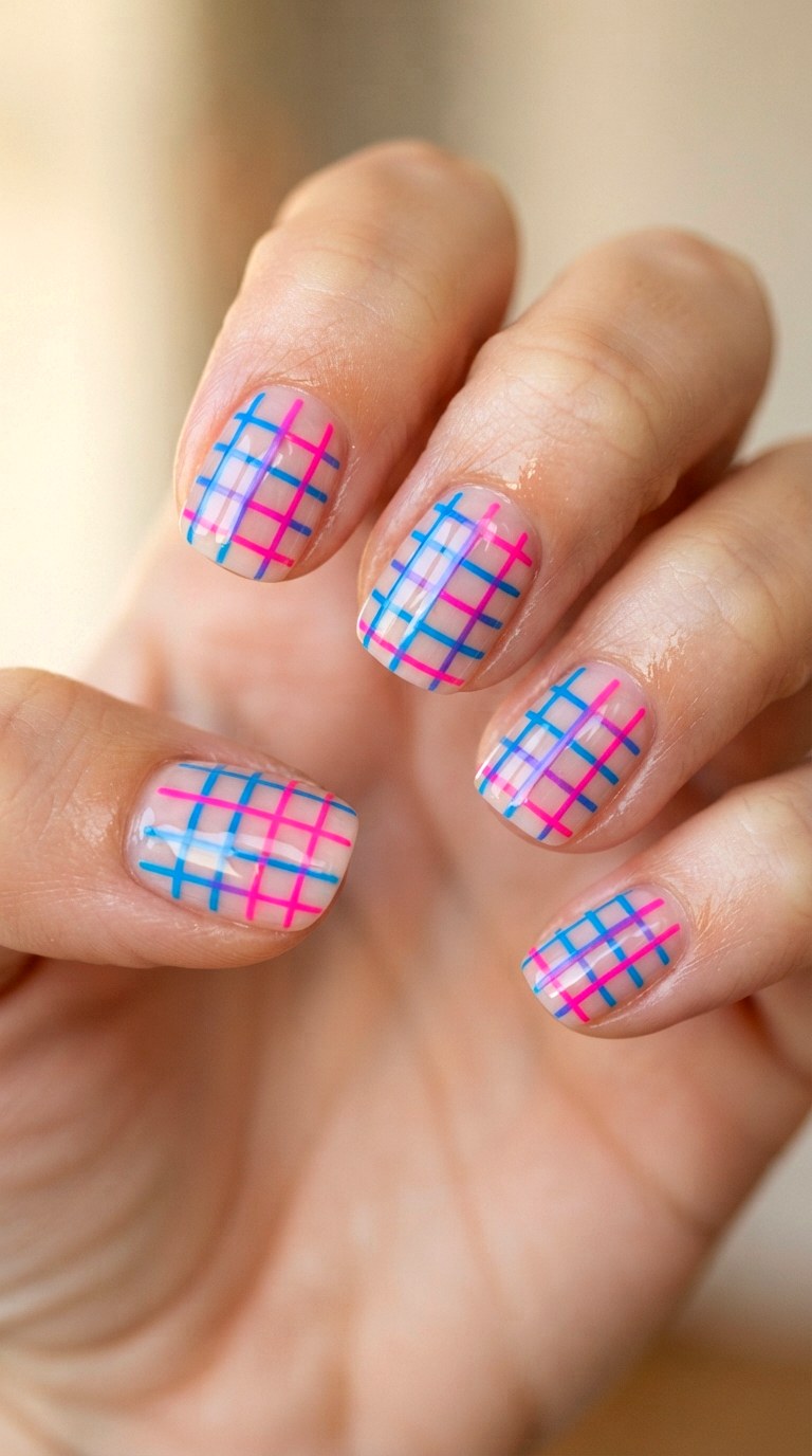 Neon Checkerboard Outline Design - 22 teen back to school nail art designs