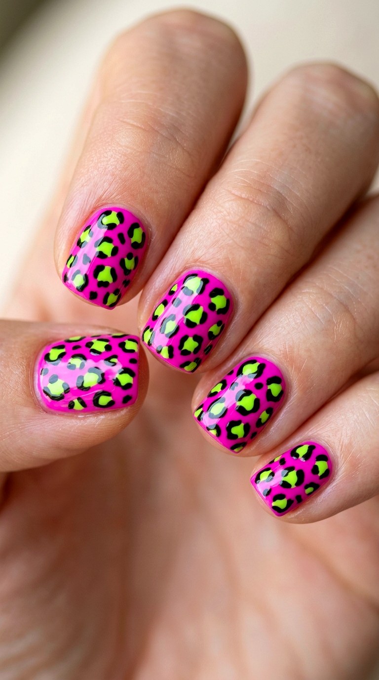 Neon Leopard Print Nail Art - 23 short teen nail art ideas