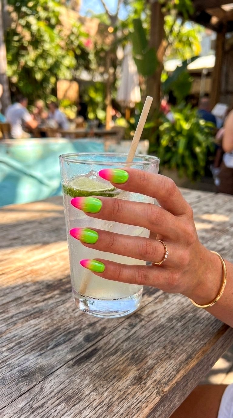 Neon Ombre Medium Almond Summer Nails - 20 Medium Almond Summer Nails