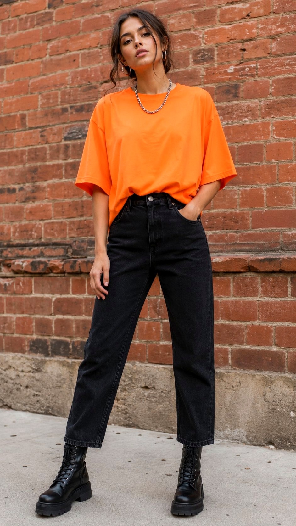 Neon Orange Tee with Black Denim - 21 Orange Shirt Outfit Ideas