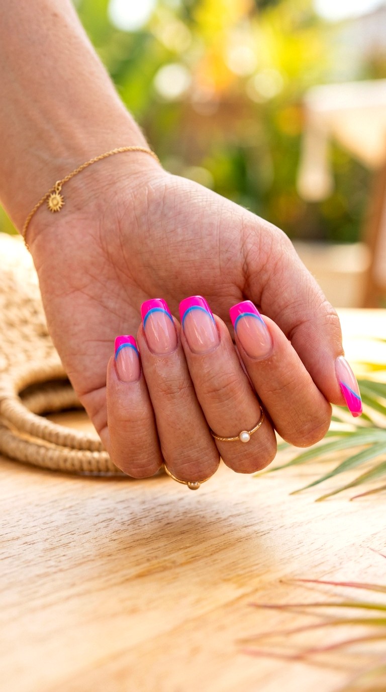 Neon Pink and Blue French Nails - 23 pink and blue french tip nails