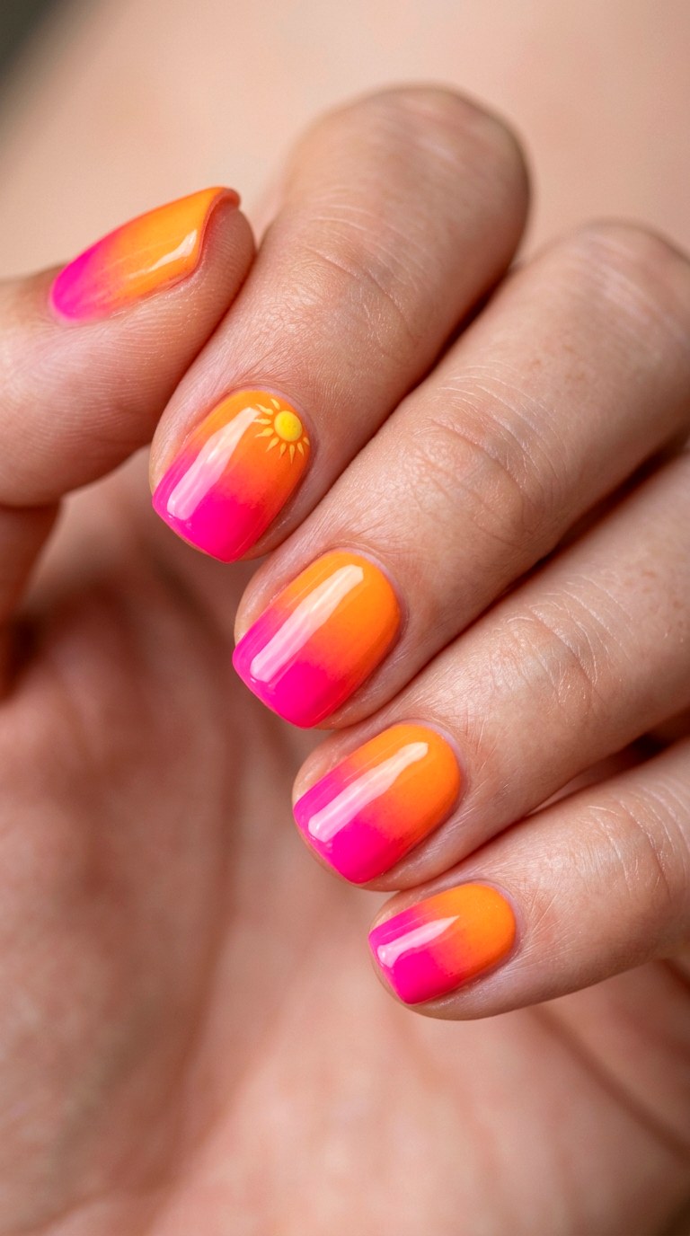 Neon Sunrise Gradient Nail Art - 23 short teen nail art ideas