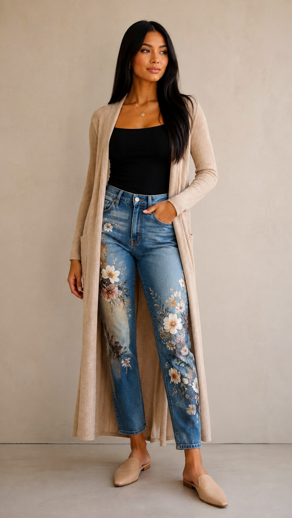 Neutral Cardigan Painted Jeans - 23 senior painted jean outfit ideas
