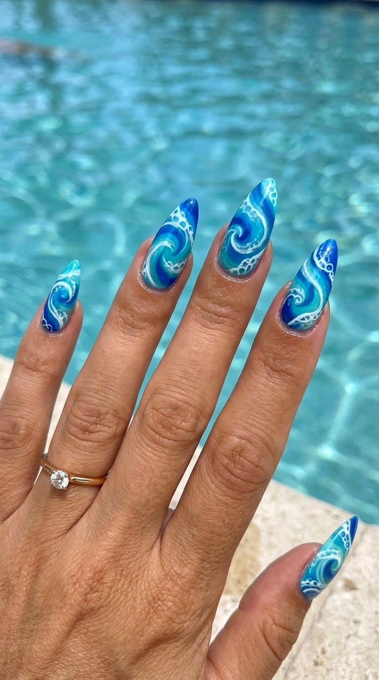 Ocean Blue Wave Swirl Designs - 24 Summer Nail Design Trends