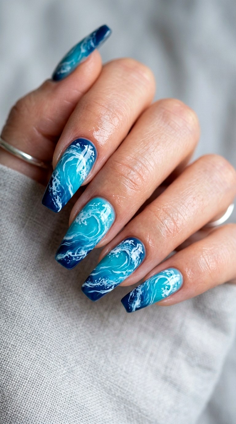 Ocean Blue Wave Swirl Patterns - 22 Summer Nail Art Ideas