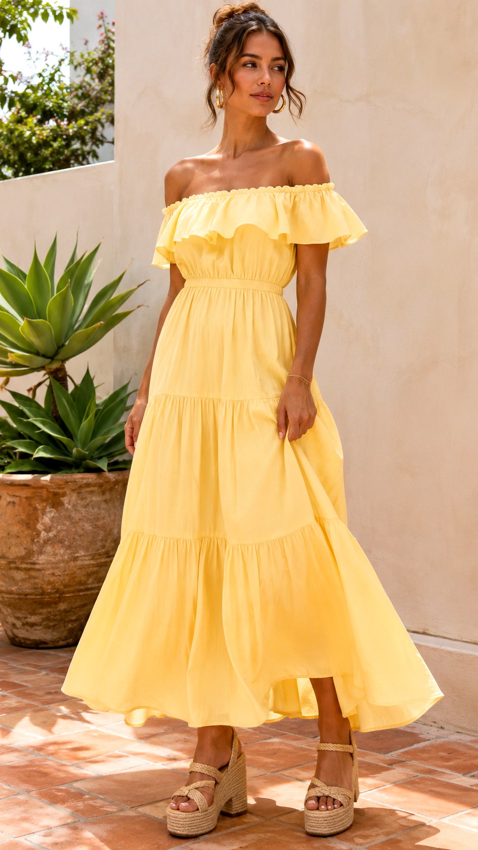 Off Shoulder Ruffle Dress With Hoop Earrings - 25 Summer Maxi Outfit Ideas