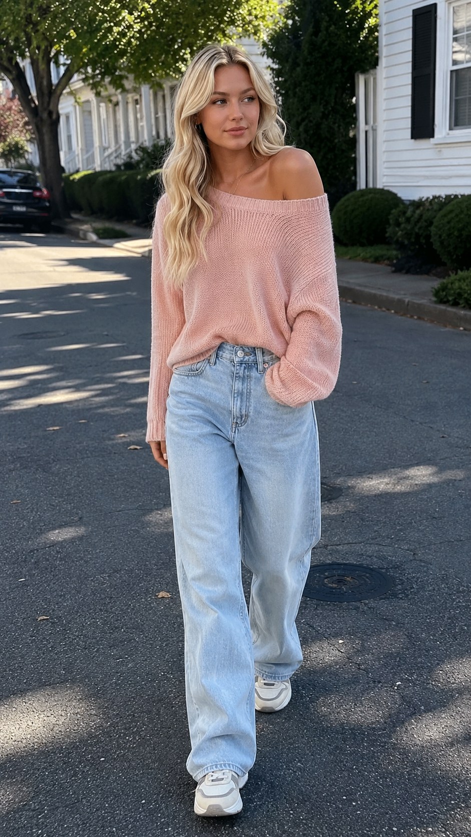 Off Shoulder Sweater and Baggy Jeans - 21 sweater and jean outfit ideas