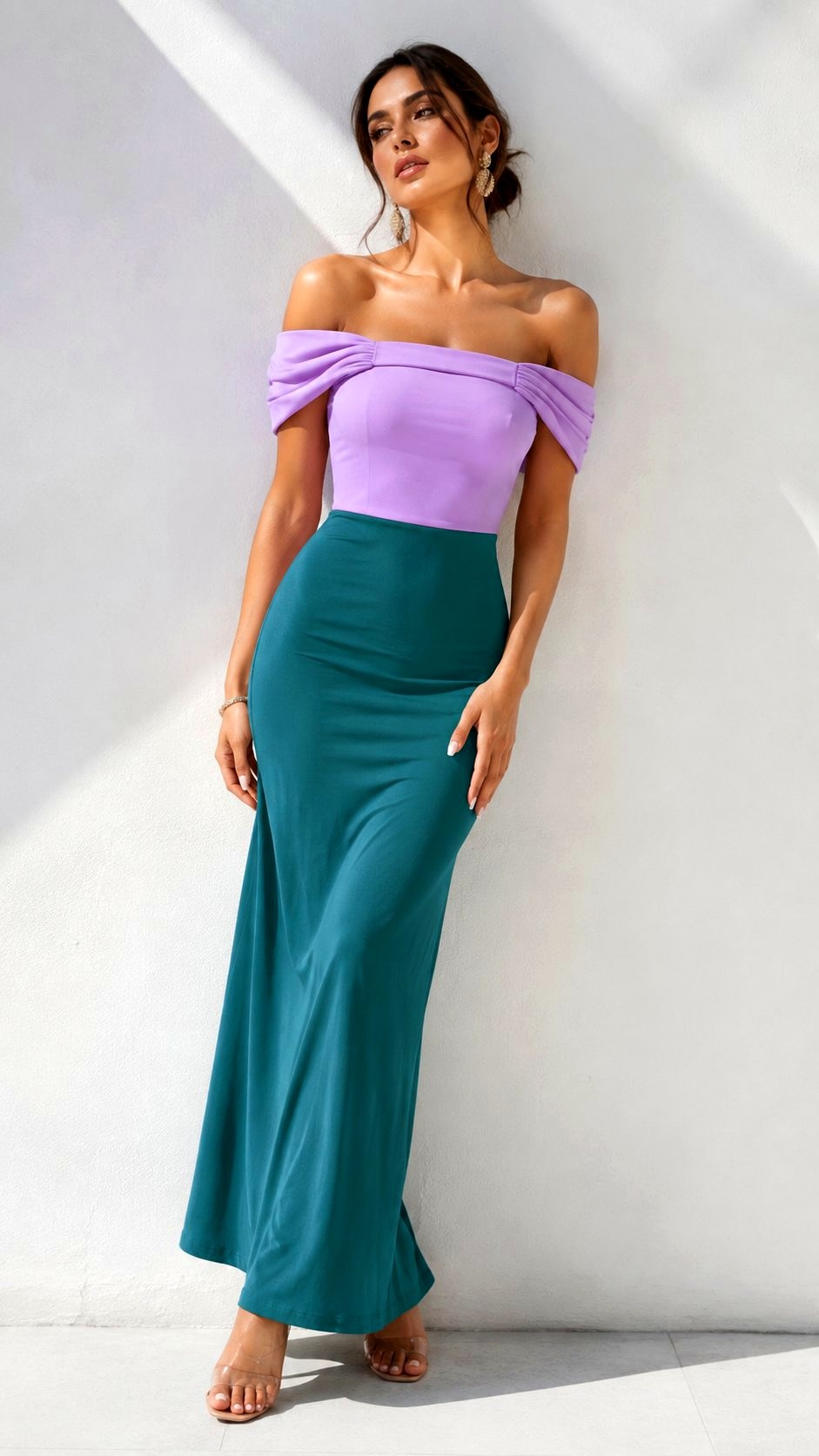 Off Shoulder Teal and Lilac Colorblock Dress - 22 Teal & Lilac Sundress Ideas