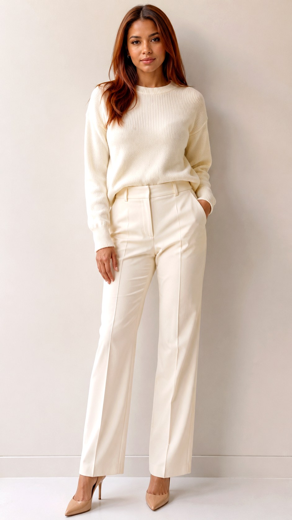 Off White Sweater And Neutral Trousers - 25 off white sweater outfit ideas