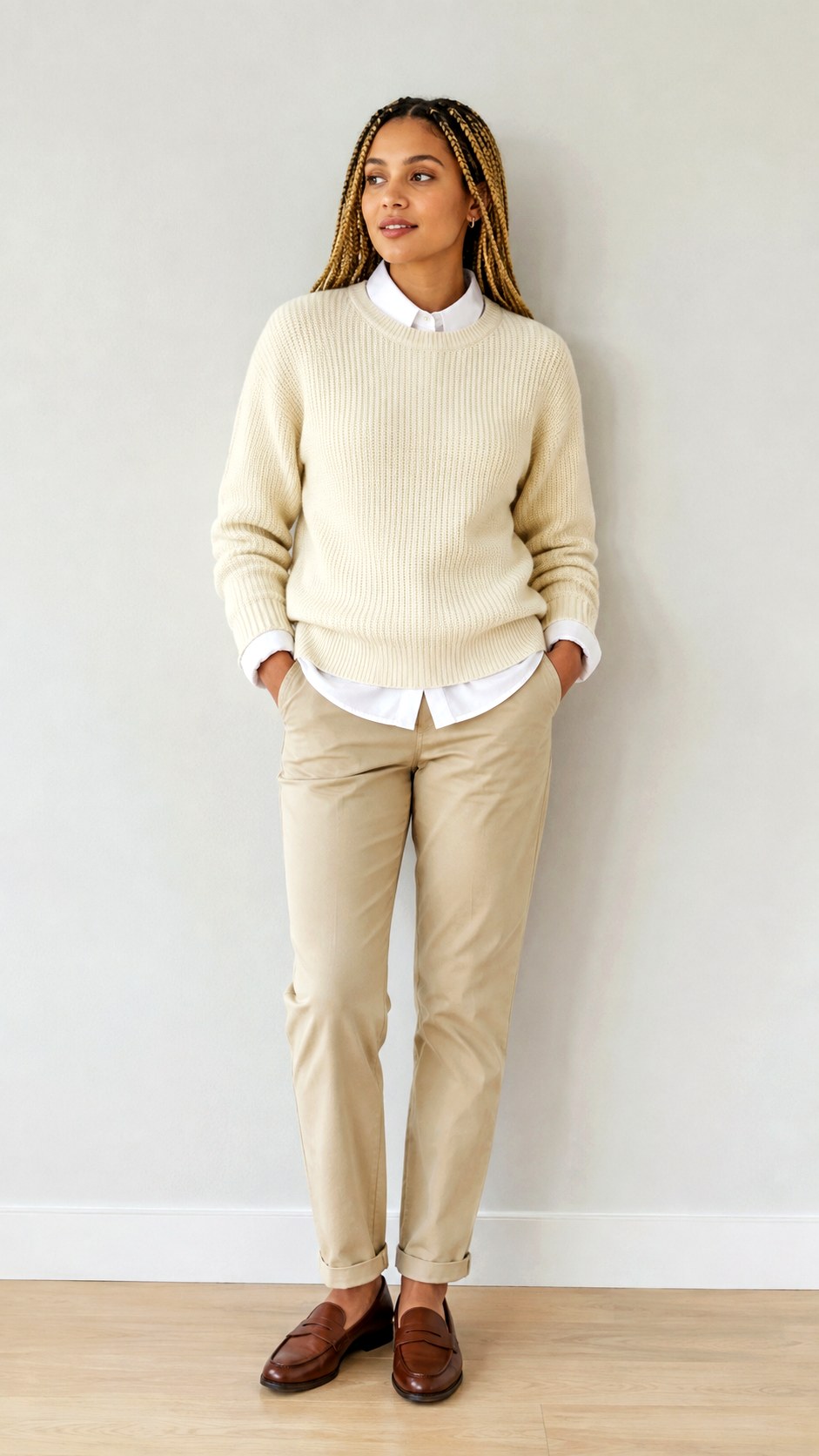 Off White Sweater Layered Over Collar - 25 off white sweater outfit ideas