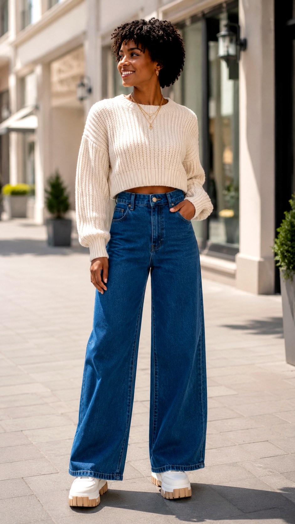Off White Sweater With Wide Jeans - 25 off white sweater outfit ideas