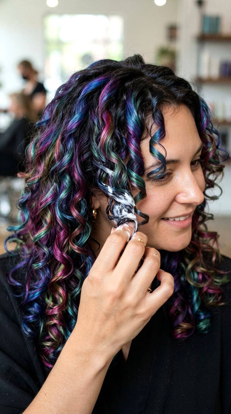 Oil Slick Rainbow on Layered Curls - 21 long hair color ideas