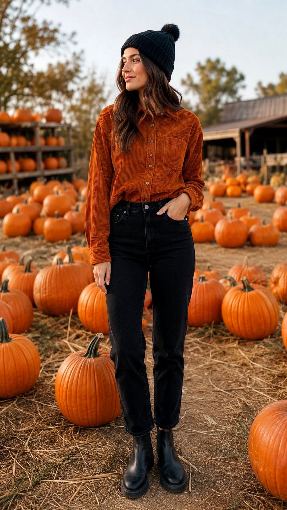 Orange Corduroy Shirt with Black Denim - 21 Orange Shirt Outfit Ideas