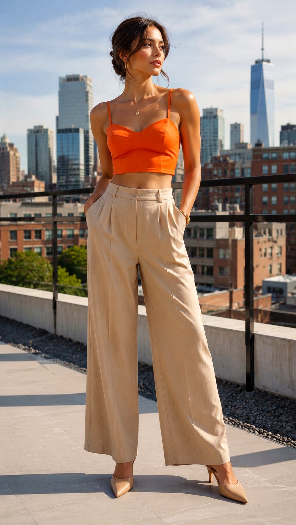 Orange Crop Top and High Waist Trousers - 21 Orange Shirt Outfit Ideas