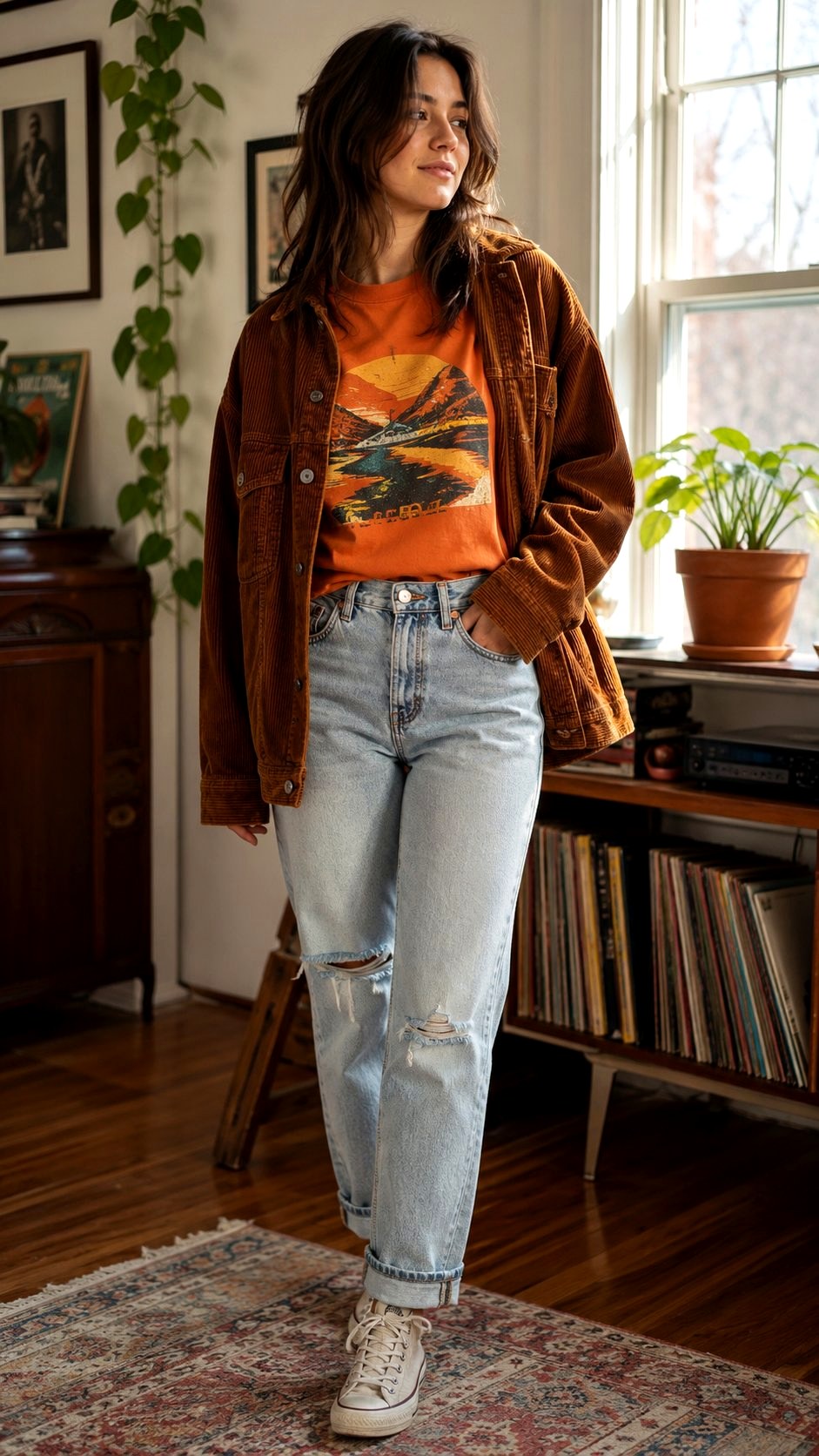 Orange Graphic Tee with Distressed Denim - 21 Orange Shirt Outfit Ideas