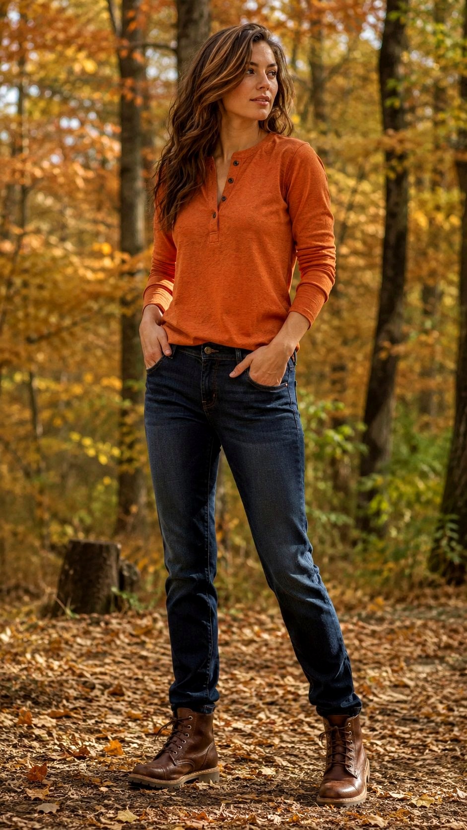 Orange Henley Shirt with Dark Wash Jeans - 21 Orange Shirt Outfit Ideas