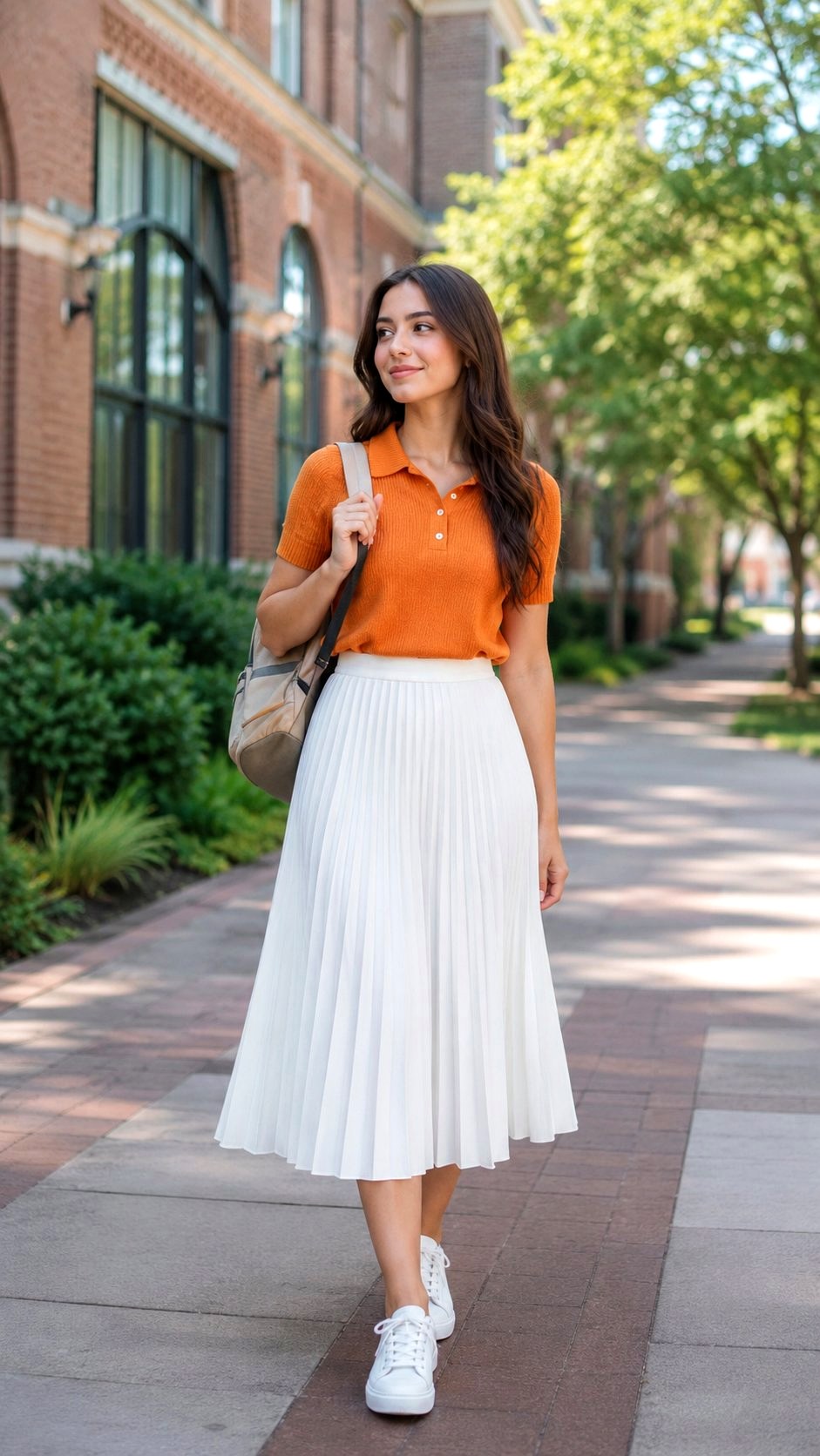 Orange Knit Polo with Pleated Skirt - 21 Orange Shirt Outfit Ideas