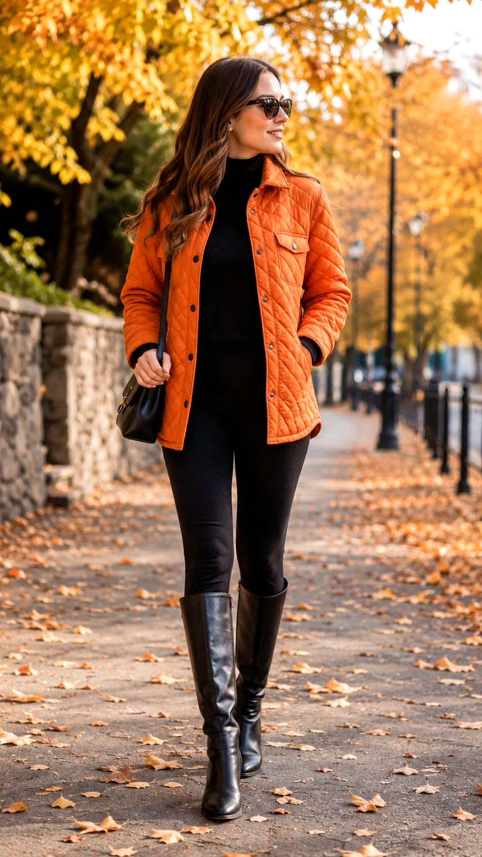Orange Quilted Shirt Jacket with Black Leggings - 21 Orange Shirt Outfit Ideas