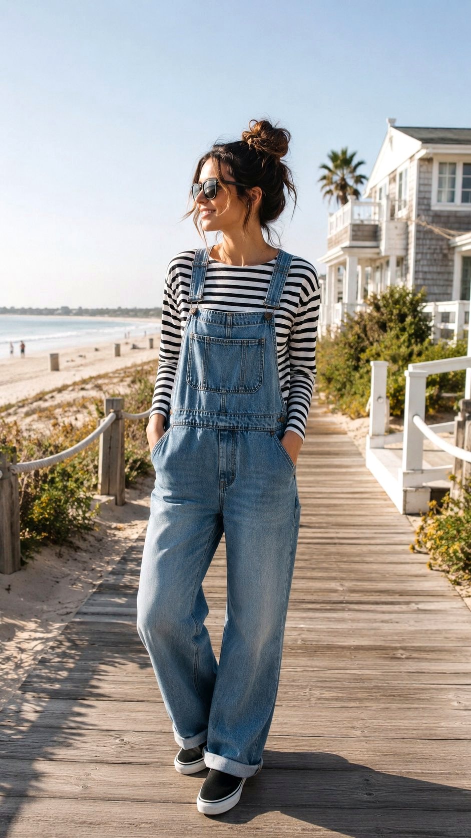 Overalls Over a Striped Top - 22 Summer Outfit Ideas