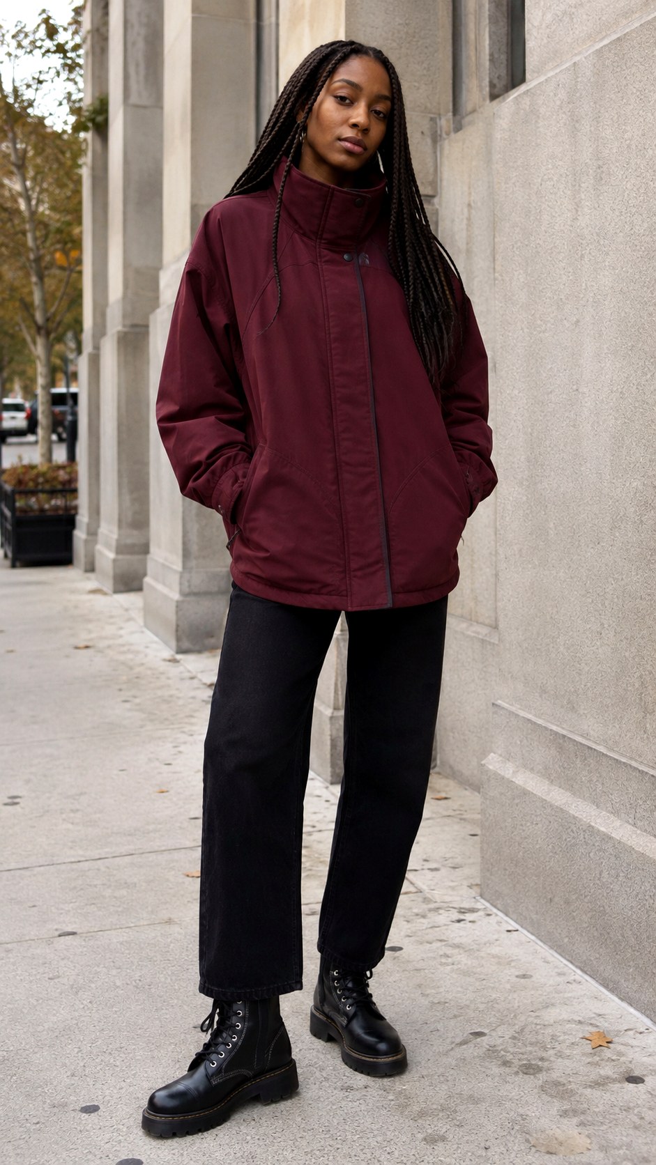 Oversized Burgundy High Collar Jacket - 21 high collar jacket outfit ideas