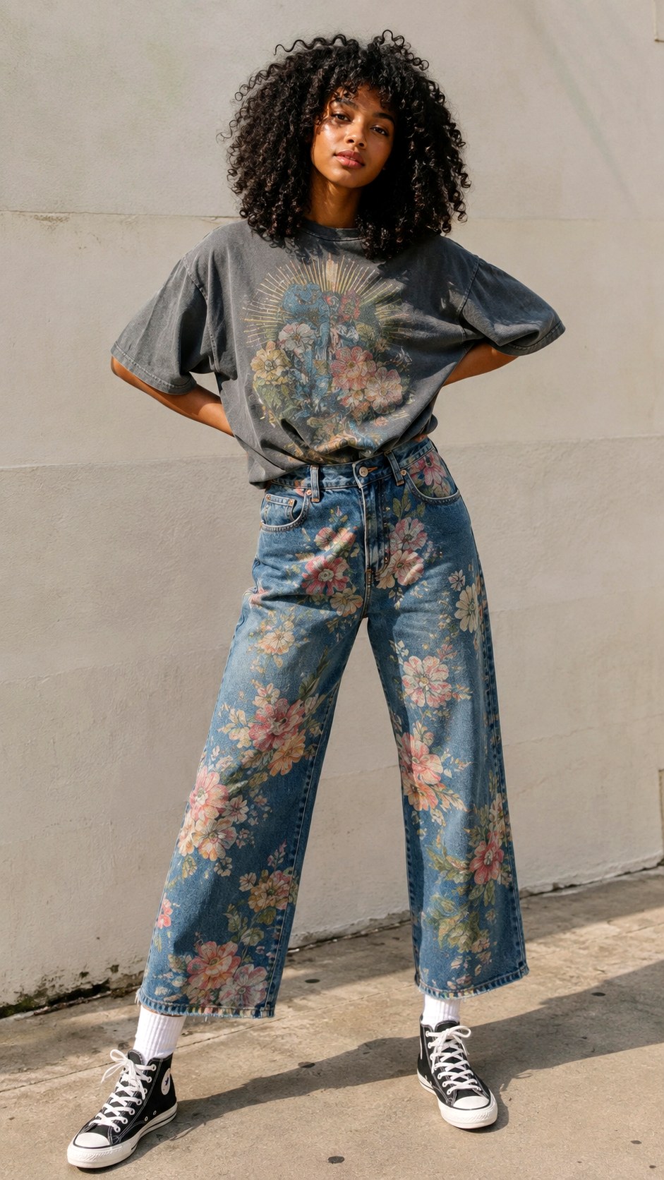Oversized Floral Denim With Graphic Tees - 22 floral jeans outfit ideas