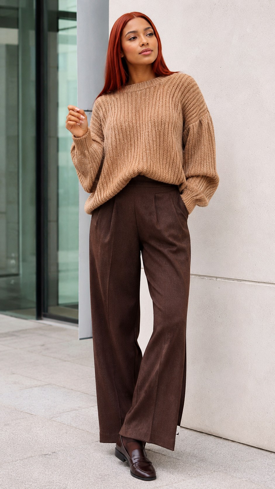 Oversized Tan Knit and Brown Trousers - 22 deer aesthetic outfit ideas