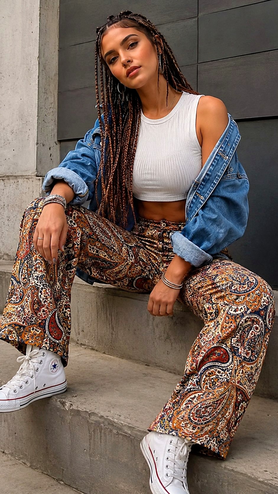 Paisley Trousers With Denim Jacket - 23 printed trousers outfit ideas
