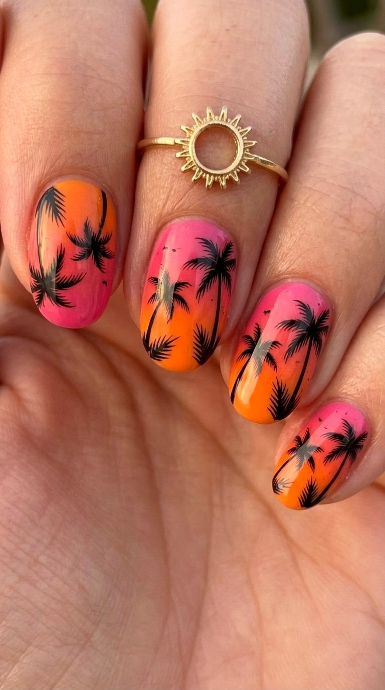 Palm Tree Silhouette Short Nails - 20 Summer Short Nail Designs