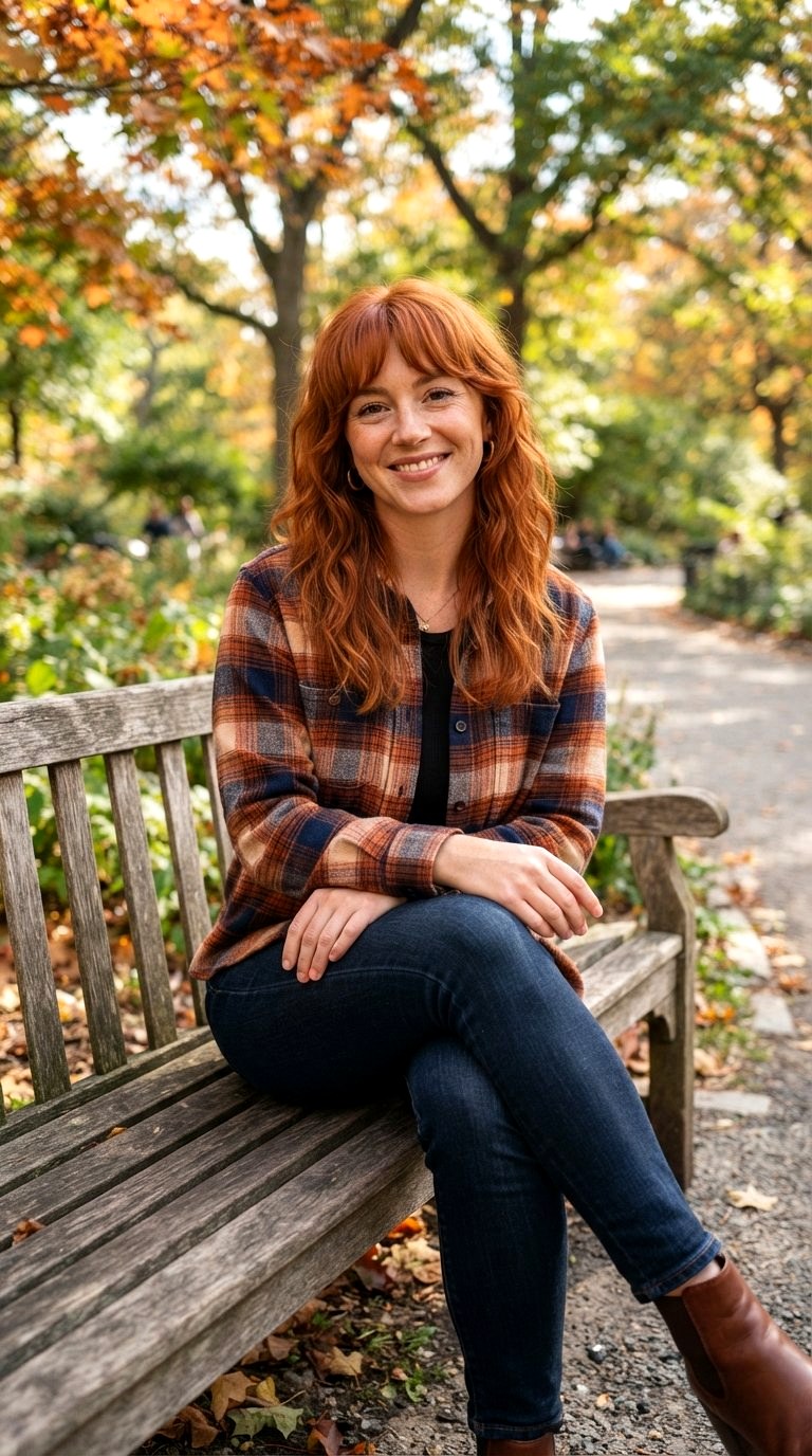 Paprika Textured Mid Length Waves - 21 curtain bangs redhead ideas