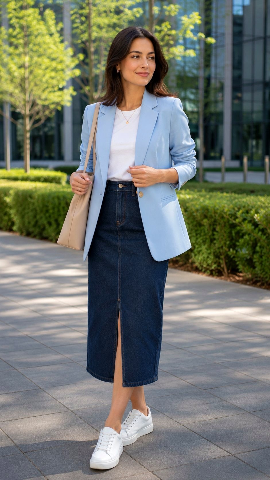 Pastel Blazer and Denim Midi Skirt - 20 Professional Summer Outfit Ideas