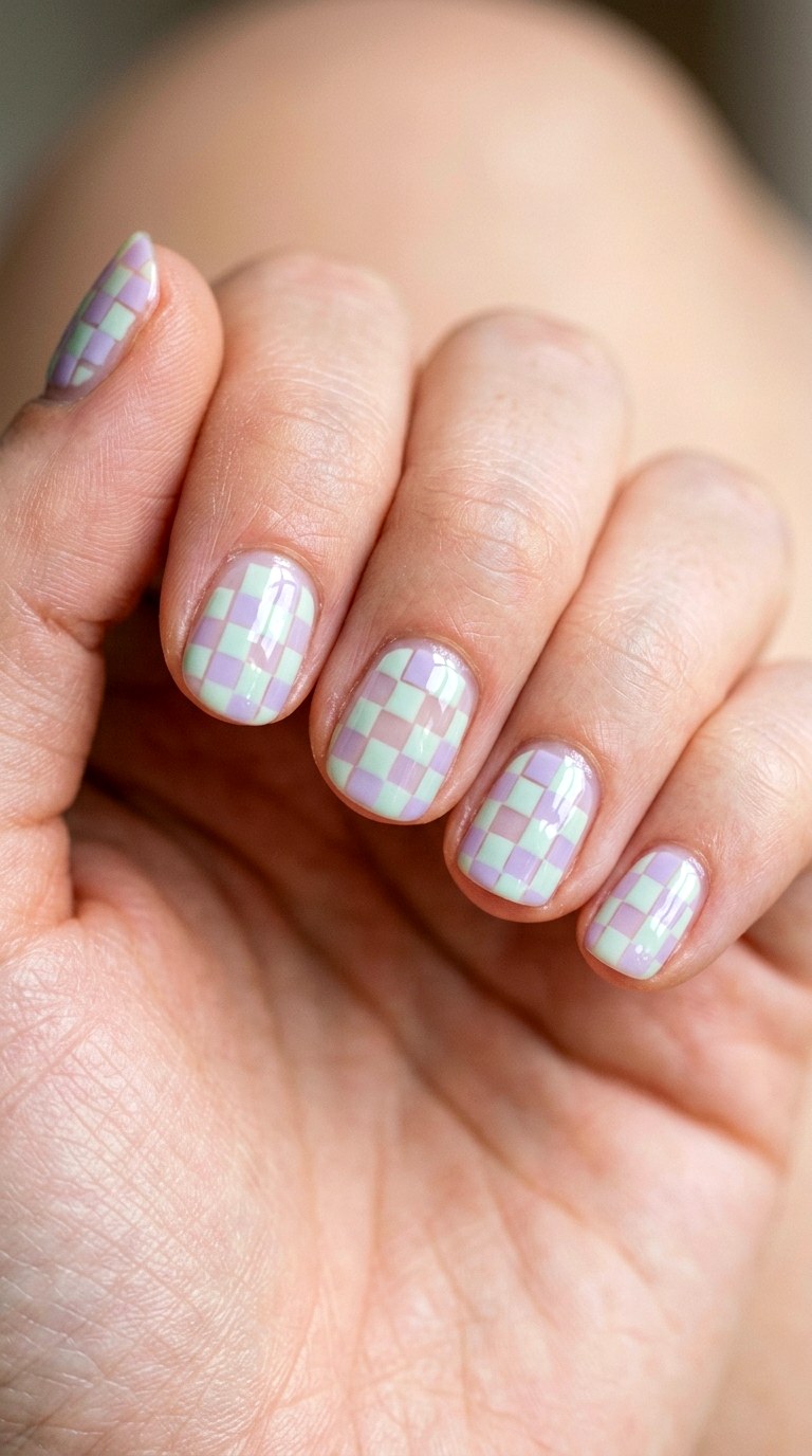 Pastel Checkerboard Nail Art - 23 short teen nail art ideas