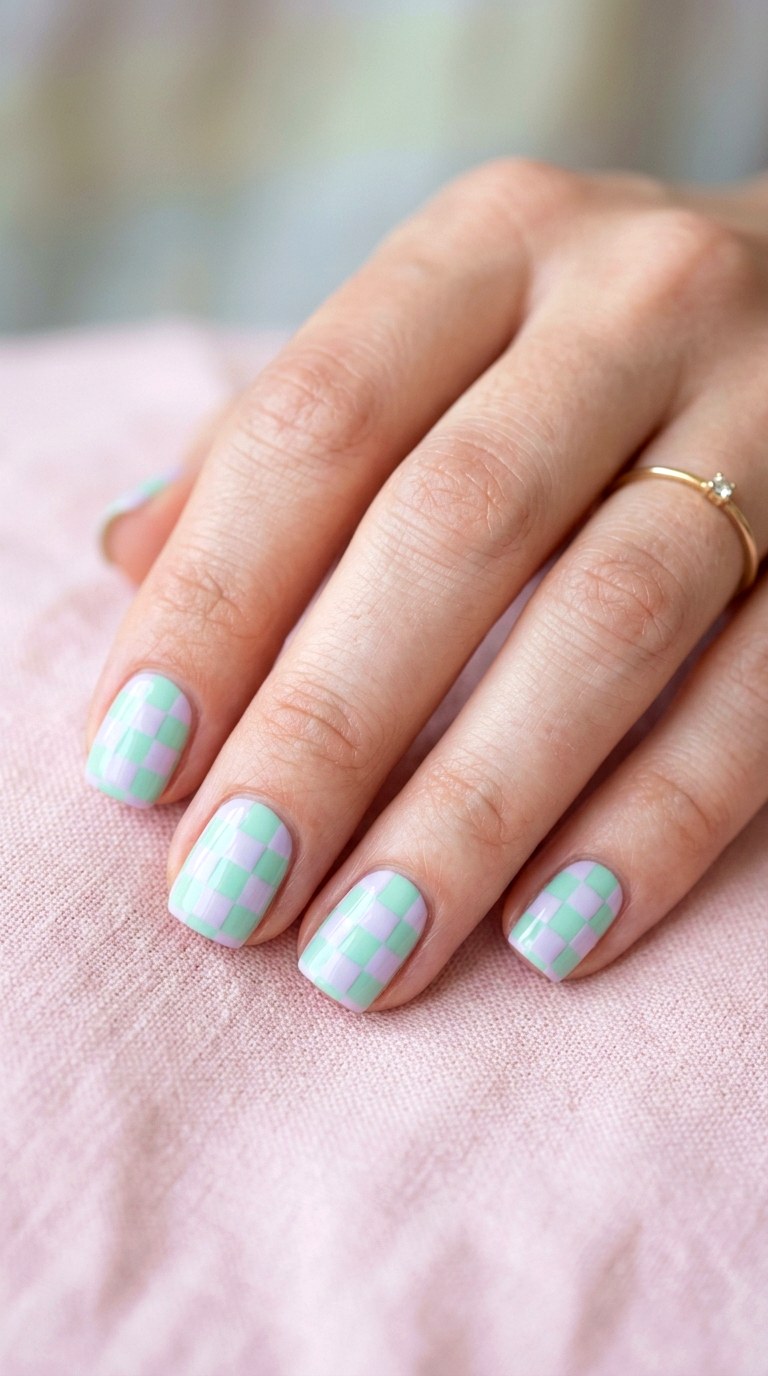 Pastel Checkerboard Short Square Nails - 22 Summer Nail Art Ideas