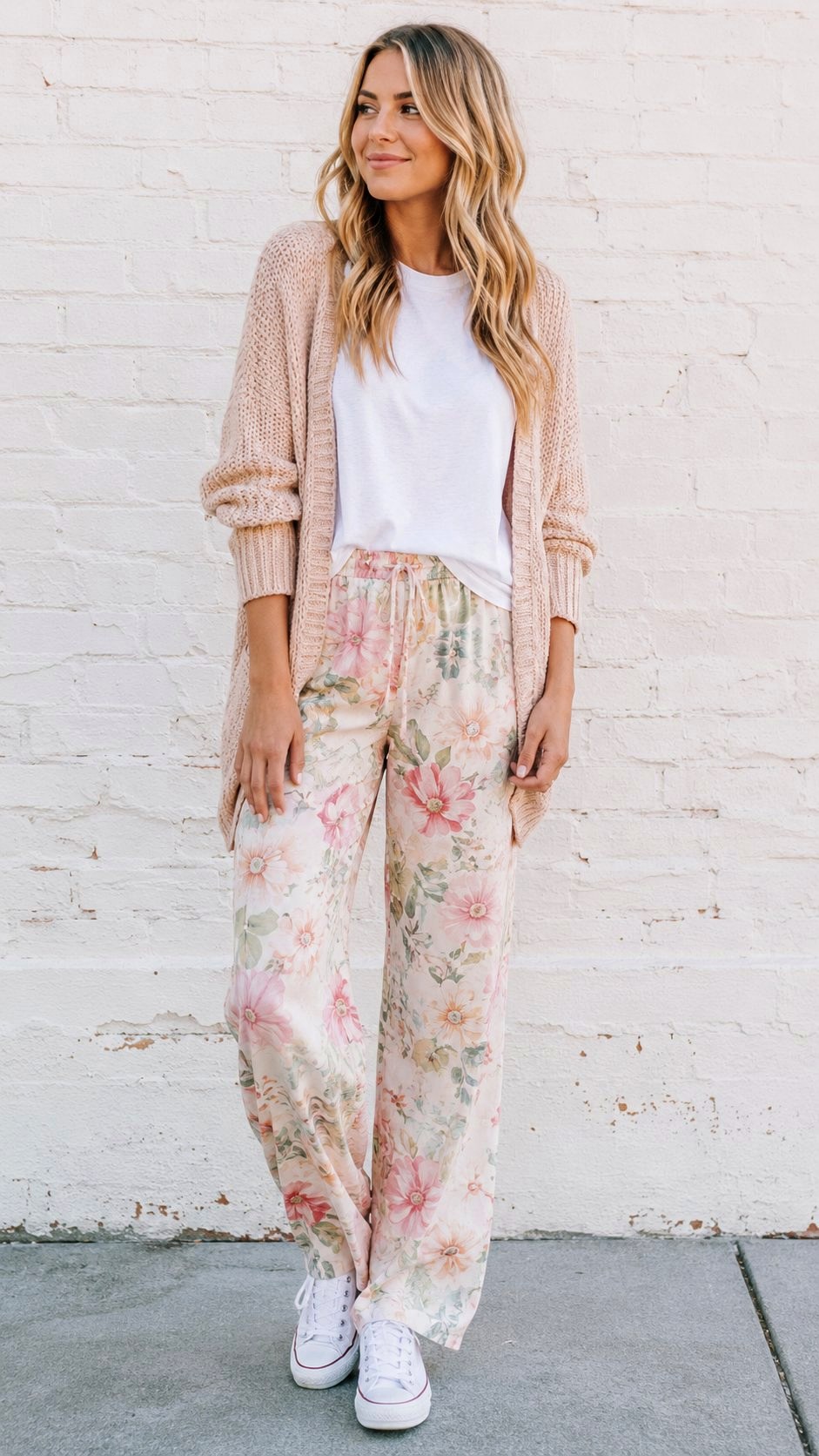 Pastel Floral Print Pants and Cardigan - 21 floral print pants ideas