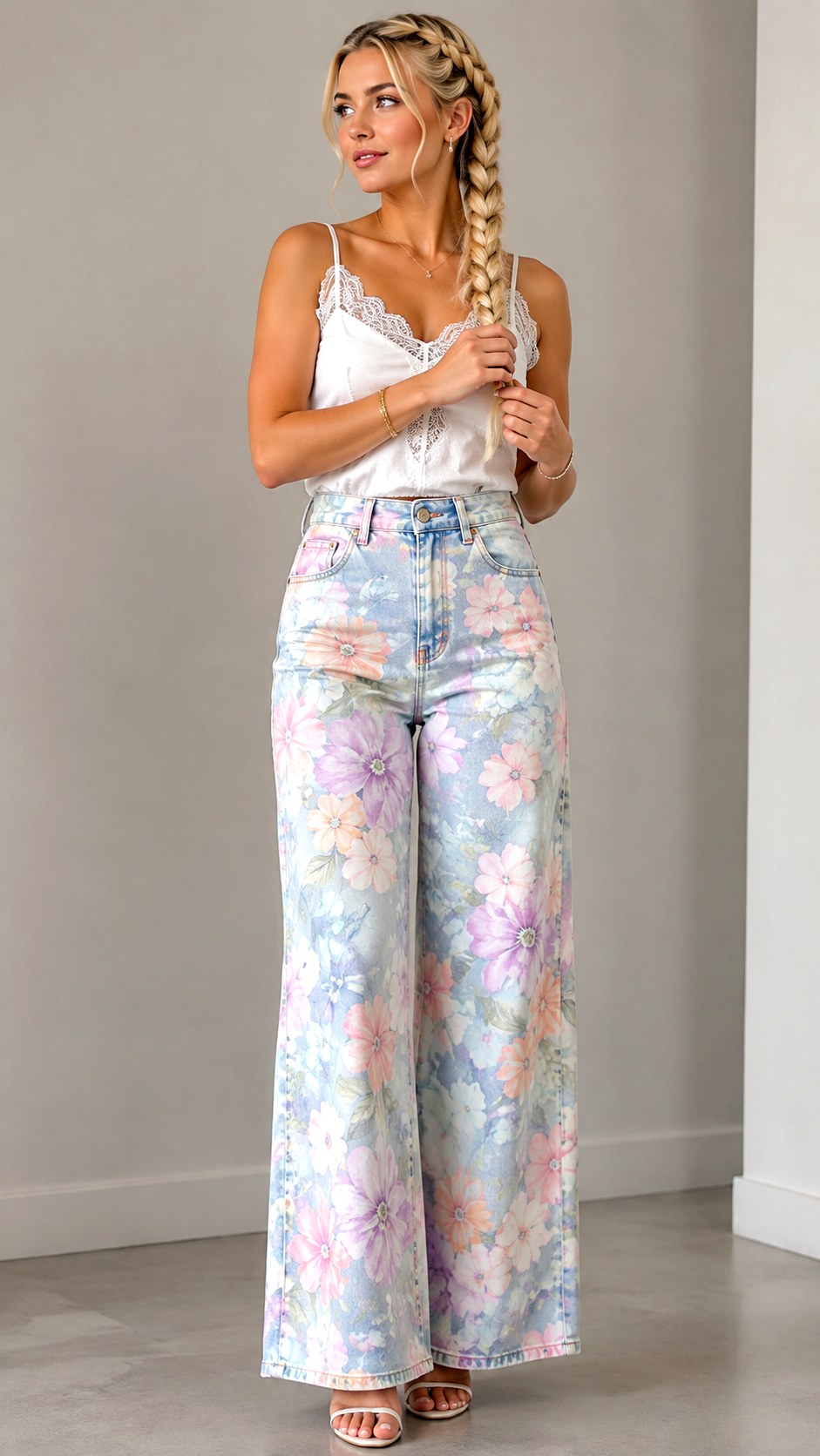 Pastel Floral Wide Leg Jeans - 22 floral jeans outfit ideas
