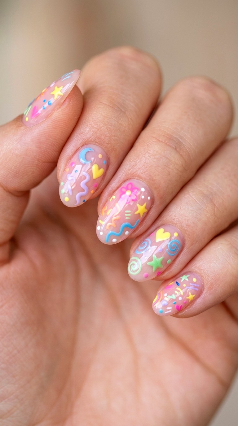 Pastel Gel Pen Doodle Nail Art - 23 back to school nail art ideas