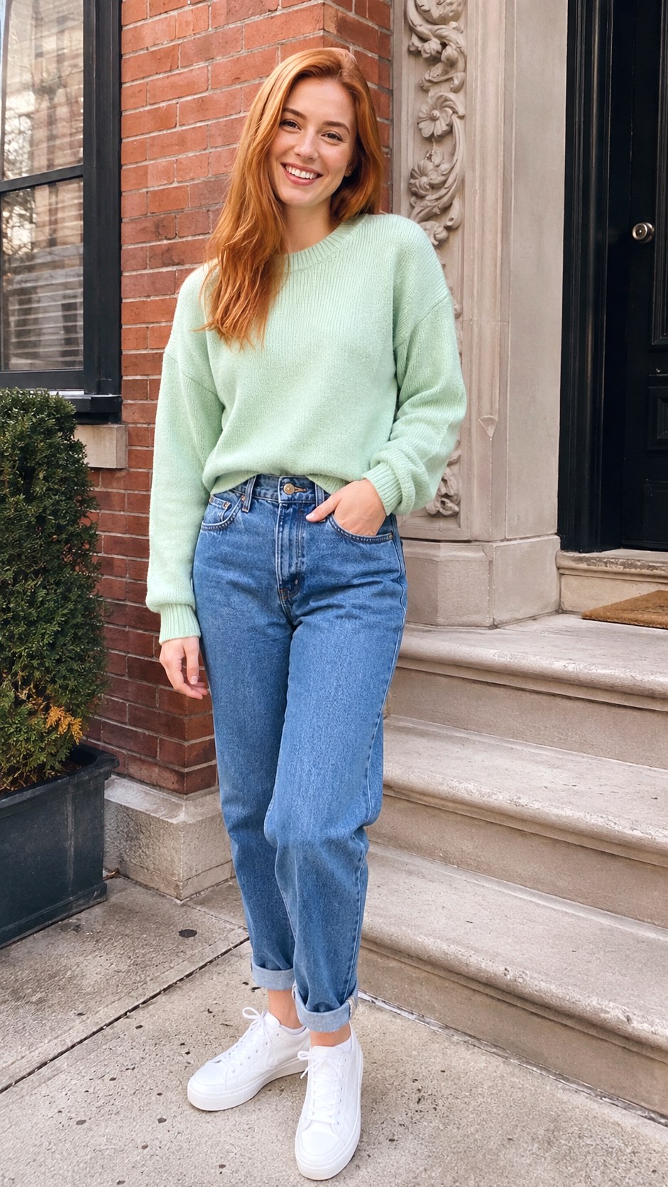 Pastel Sweater and Mom Jeans - 21 sweater and jean outfit ideas