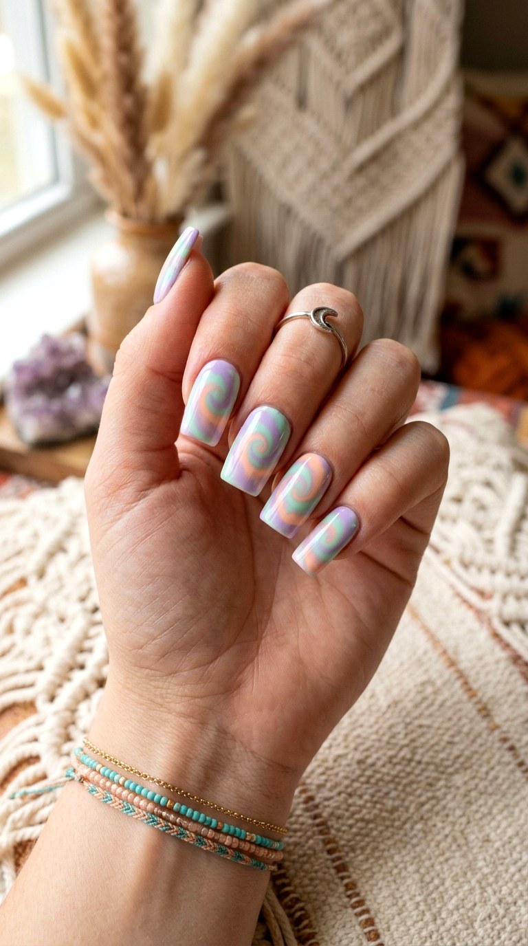 Pastel Tie Dye Swirl Hippie Aesthetic - 24 Summer Nail Design Inspo
