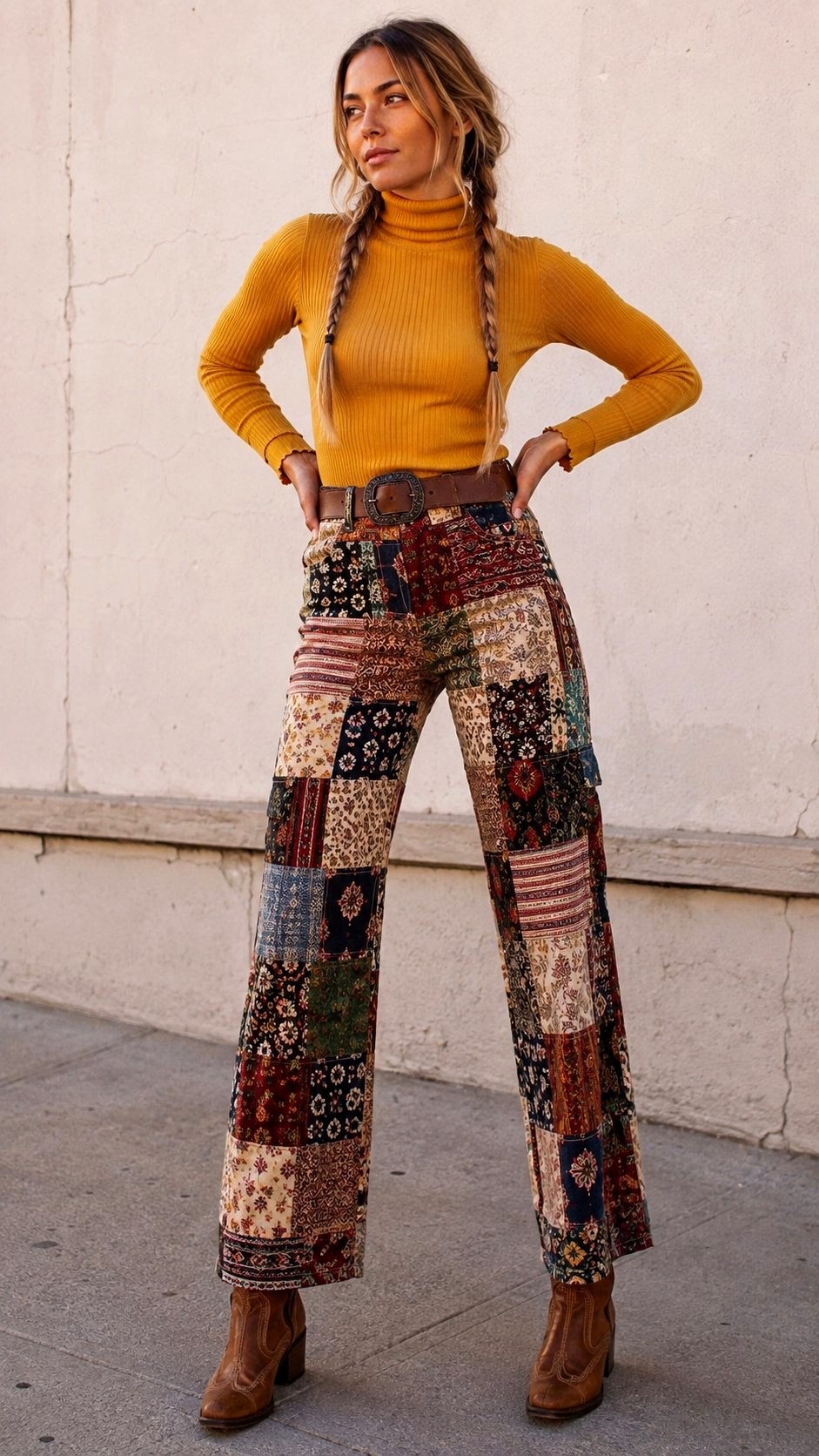 Patchwork Print Pants with Turtleneck - 23 printed pants style ideas